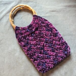 Purple and Black Woven Bag with Bamboo Handle